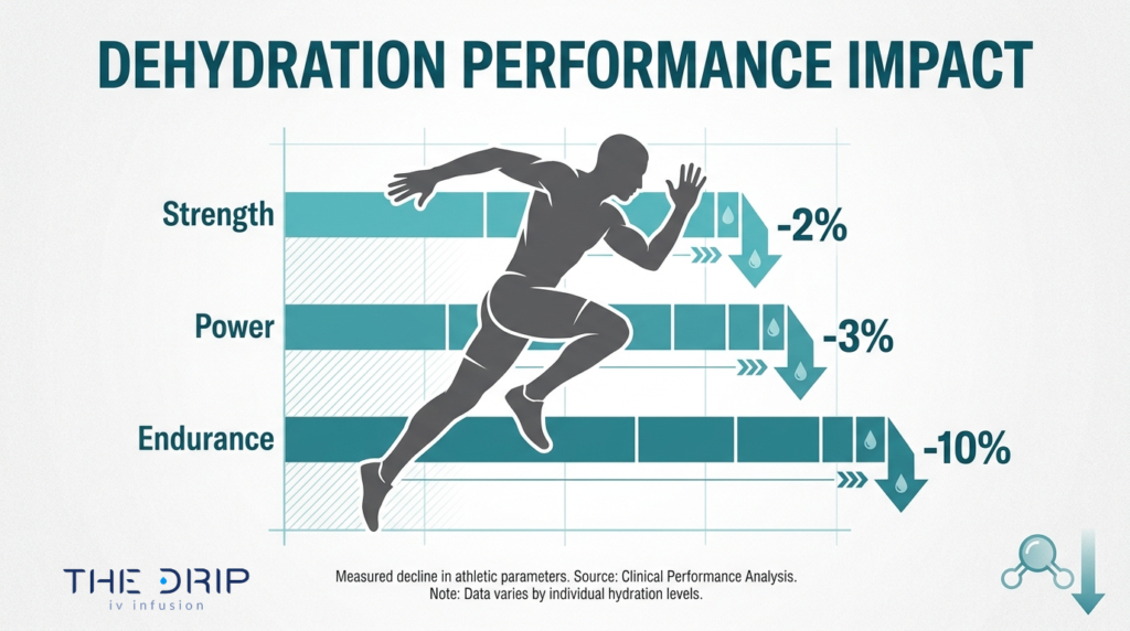 Dehydration performance impact chart showing reduced strength, power, and endurance for athletes