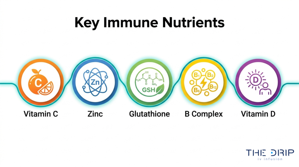 Key immune support nutrients for IV therapy including vitamin C, zinc, glutathione, B complex, and vitamin D