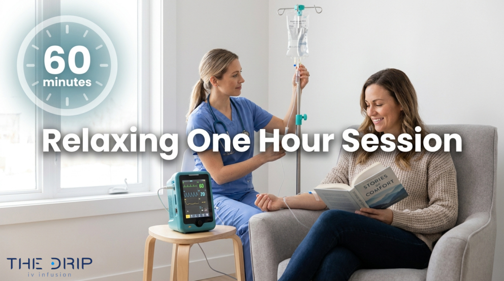 At-home IV therapy session with nurse providing a relaxing 60-minute flu recovery drip