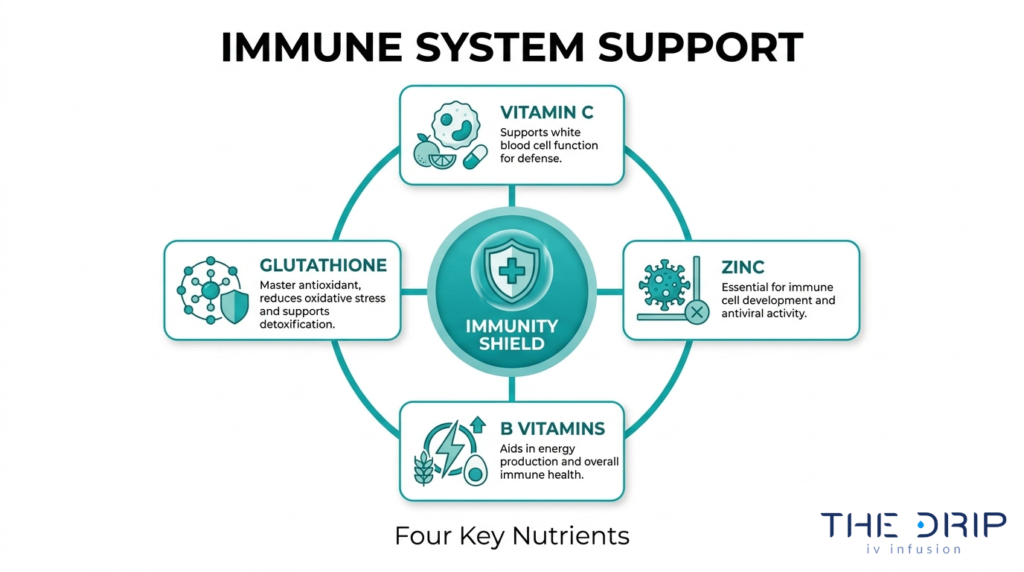 Immune system support nutrients for IV therapy including vitamin C, glutathione, zinc, and B vitamins