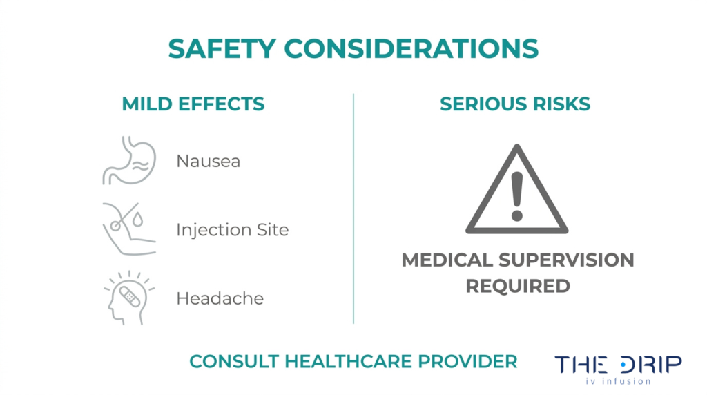 Glutathione IV safety considerations showing mild side effects, serious risks, and need for medical supervision