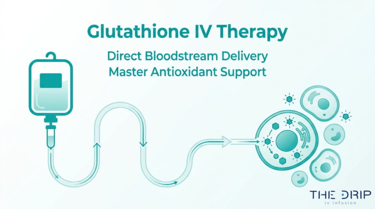 Glutathione IV therapy overview showing direct bloodstream delivery for master antioxidant support and cellular protection