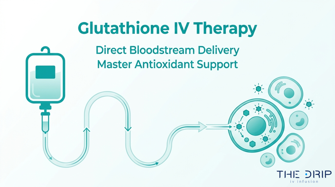 Glutathione IV therapy overview showing direct bloodstream delivery for master antioxidant support and cellular protection