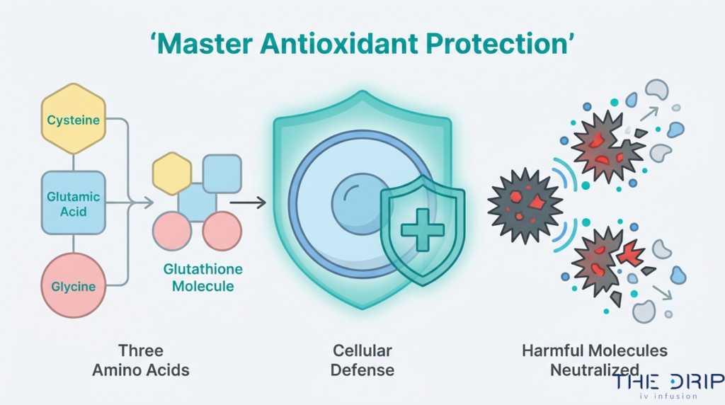 Glutathione master antioxidant protection diagram showing amino acids, cellular defense, and harmful molecule neutralization