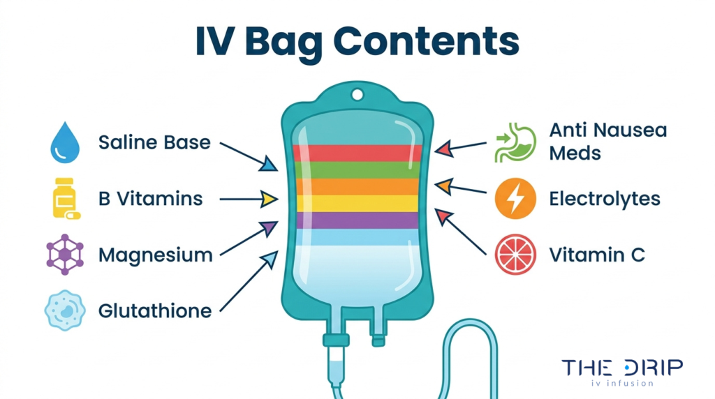 IV bag contents infographic showing saline base, B vitamins, magnesium, glutathione, anti-nausea meds, electrolytes, and vitamin C in IV therapy