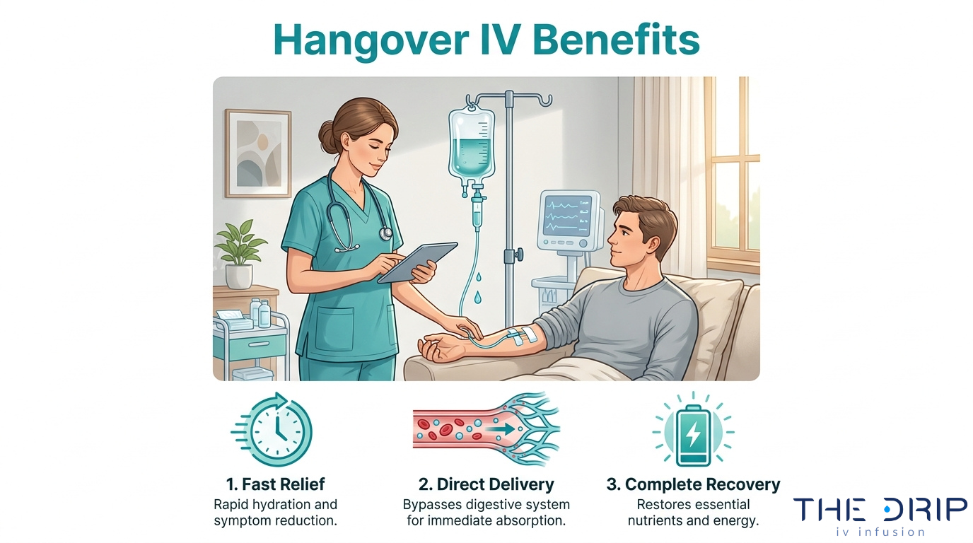 Hangover IV benefits infographic showing fast relief, direct nutrient delivery, and complete recovery through IV hydration therapy