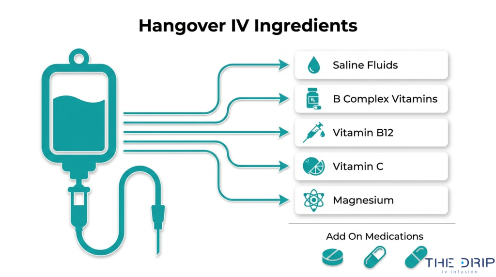 Hangover IV therapy ingredients including saline fluids, B vitamins, B12, vitamin C, and magnesium