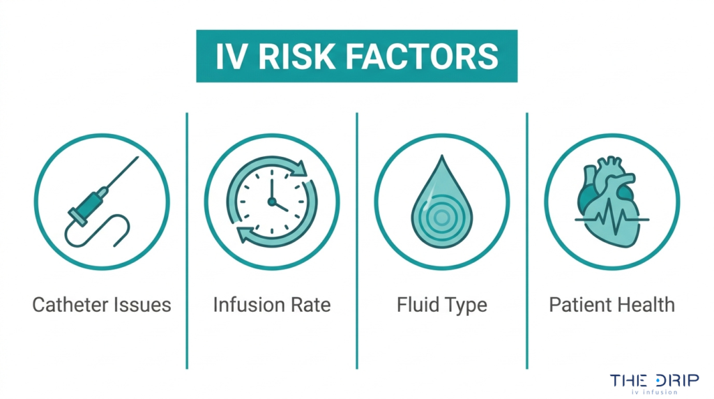 IV administration risk factors including catheter issues, infusion rate, fluid type, and patient health considerations