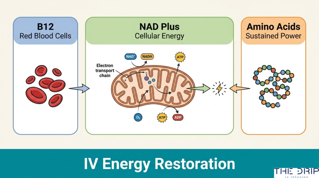 IV energy restoration diagram showing B12, NAD plus, and amino acids supporting red blood cells, mitochondria, ATP production, and cellular energy
