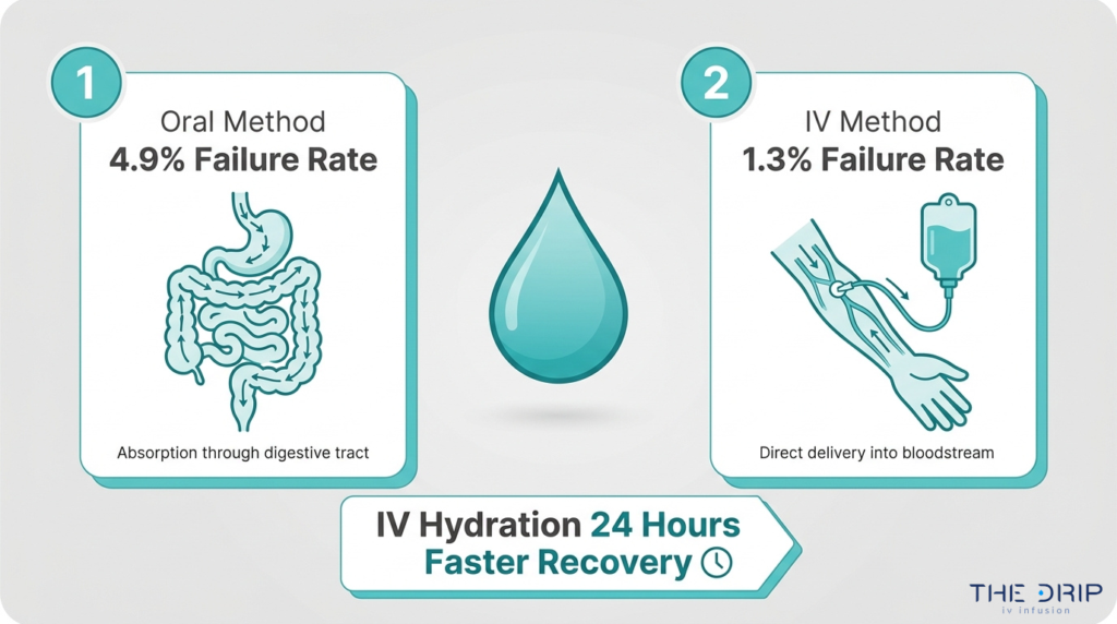 IV hydration versus oral hydration comparison chart showing digestive absorption, direct bloodstream delivery, lower IV failure rate, and faster recovery