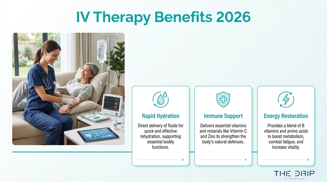 IV therapy benefits including rapid hydration, immune support, and energy restoration in a wellness clinic setting.