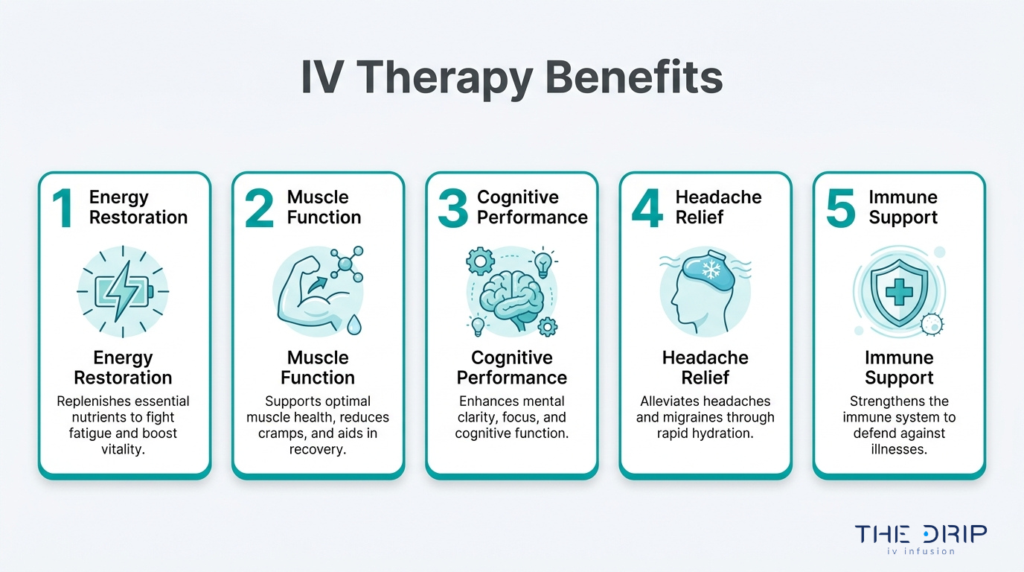 IV therapy benefits chart showing energy restoration, muscle function, cognitive performance, headache relief, and immune support