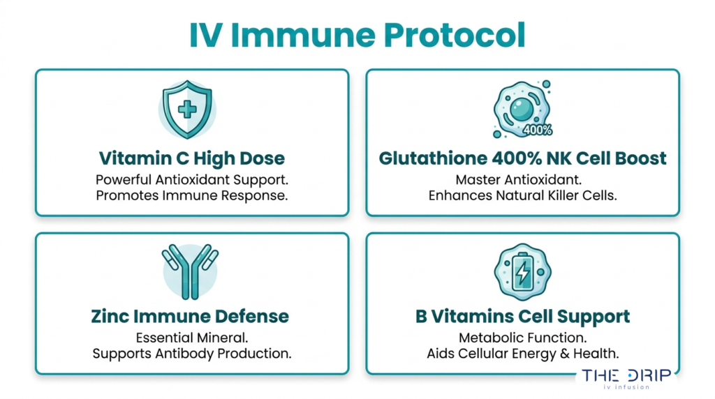 IV immune support protocol infographic featuring high-dose vitamin C, glutathione, zinc, and B vitamins for immune defense and cellular health