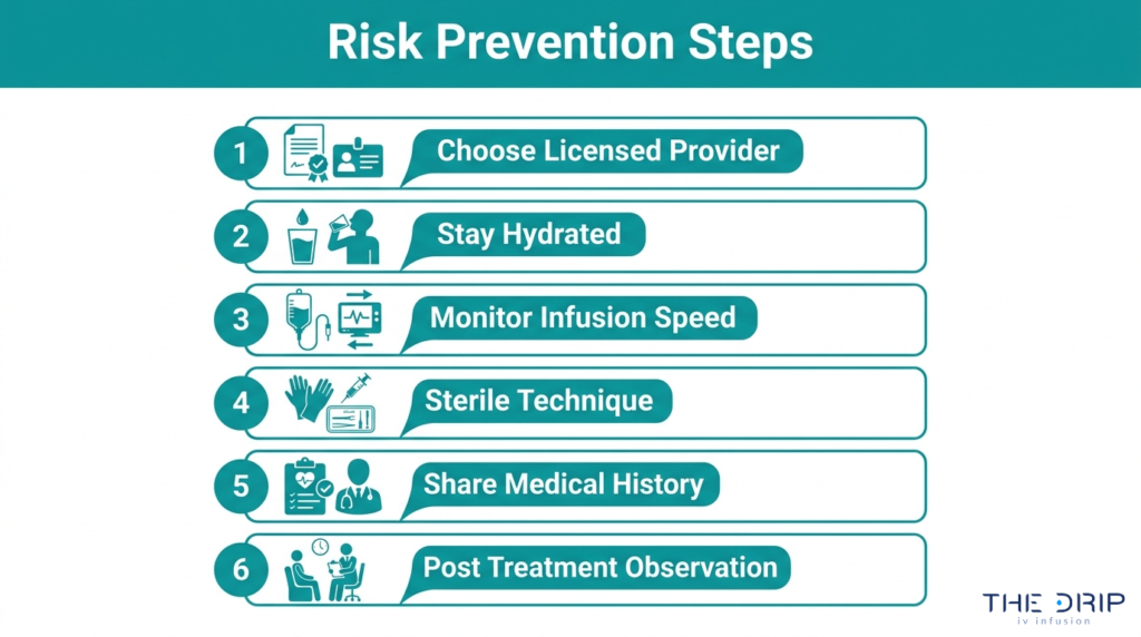 IV therapy risk prevention steps including licensed provider selection, hydration, sterile technique, medical history review, and post-treatment observation