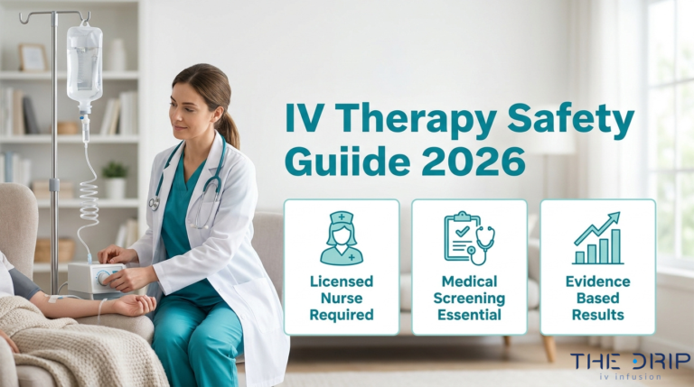 IV therapy safety guide image showing licensed nurse care, medical screening, and evidence-based results for safe IV infusion treatment