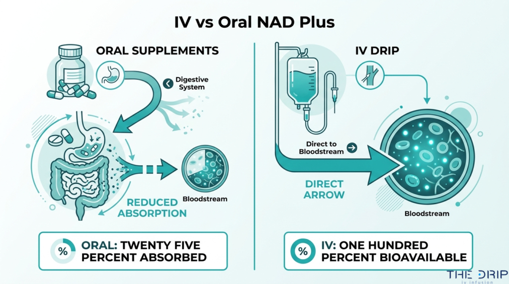 IV vs oral NAD Plus comparison showing reduced supplement absorption through digestion and direct IV drip delivery to the bloodstream