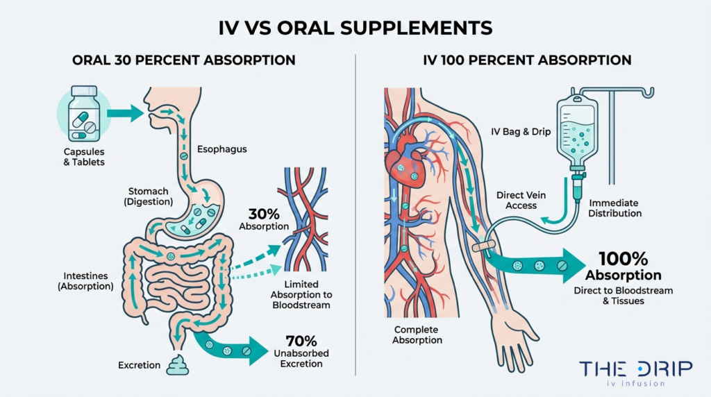 IV vs oral supplements absorption comparison showing 30 percent oral absorption and 100 percent IV nutrient delivery
