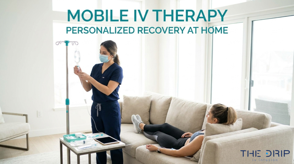 Mobile IV therapy for personalized at-home recovery with nurse preparing IV drip treatment for a patient on a couch