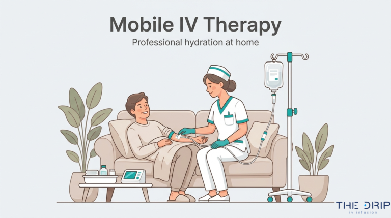 Mobile IV therapy at home with nurse administering professional hydration treatment to patient on couch