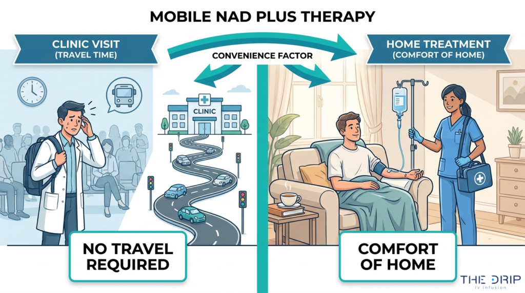 Mobile NAD Plus IV therapy comparison showing clinic travel time versus convenient home treatment with no travel required