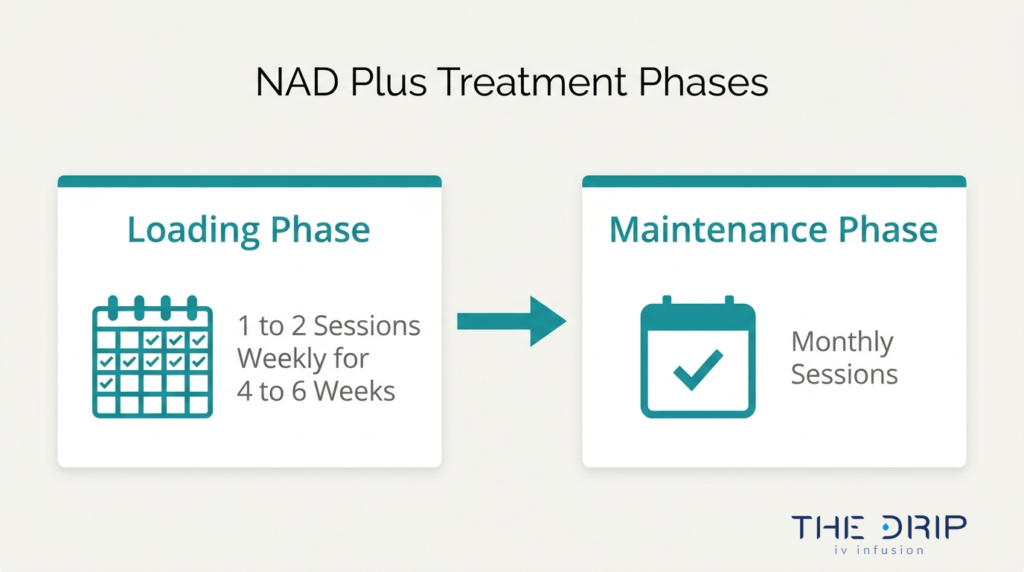 NAD Plus IV treatment phases diagram showing loading phase sessions followed by monthly maintenance therapy