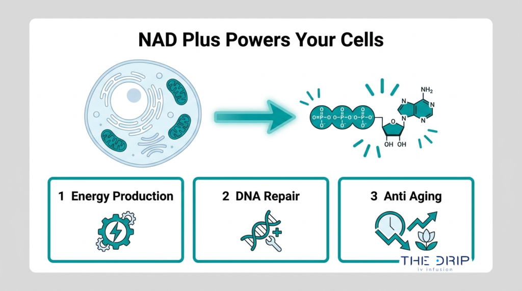 NAD Plus cellular energy diagram showing energy production, DNA repair, and anti-aging support inside the body’s cells