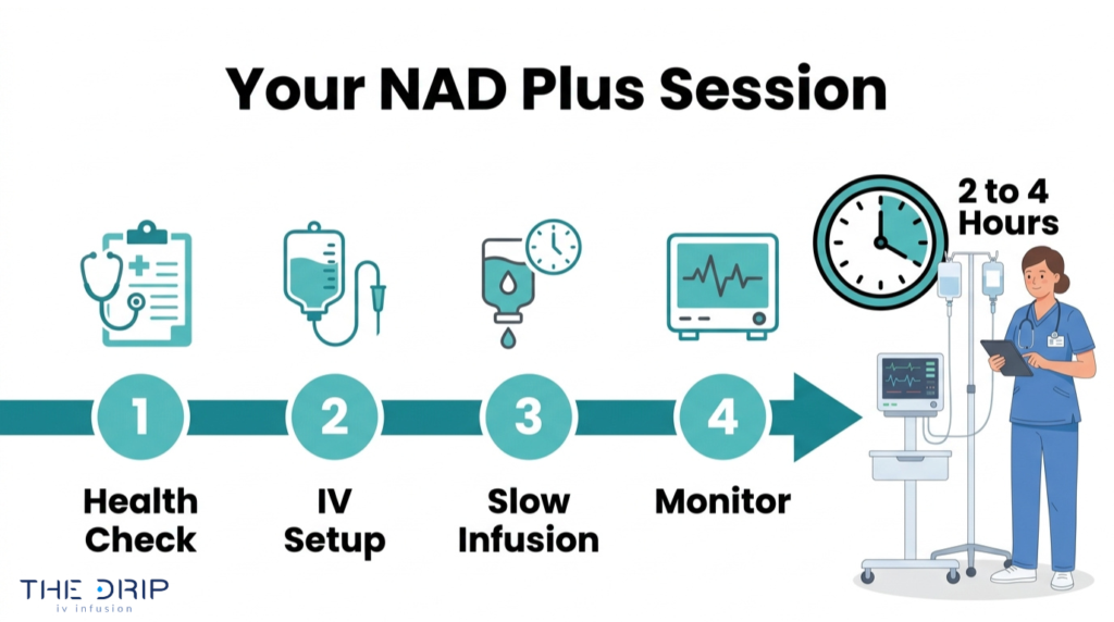 NAD Plus IV session timeline showing health check, IV setup, slow infusion, monitoring, and 2 to 4 hour treatment duration