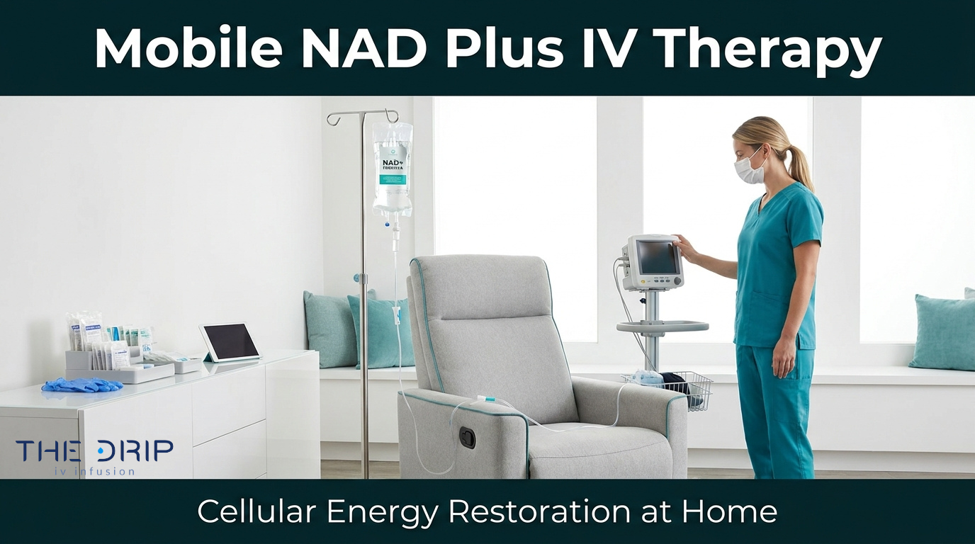 Mobile NAD Plus IV therapy at home with nurse preparing treatment for cellular energy restoration