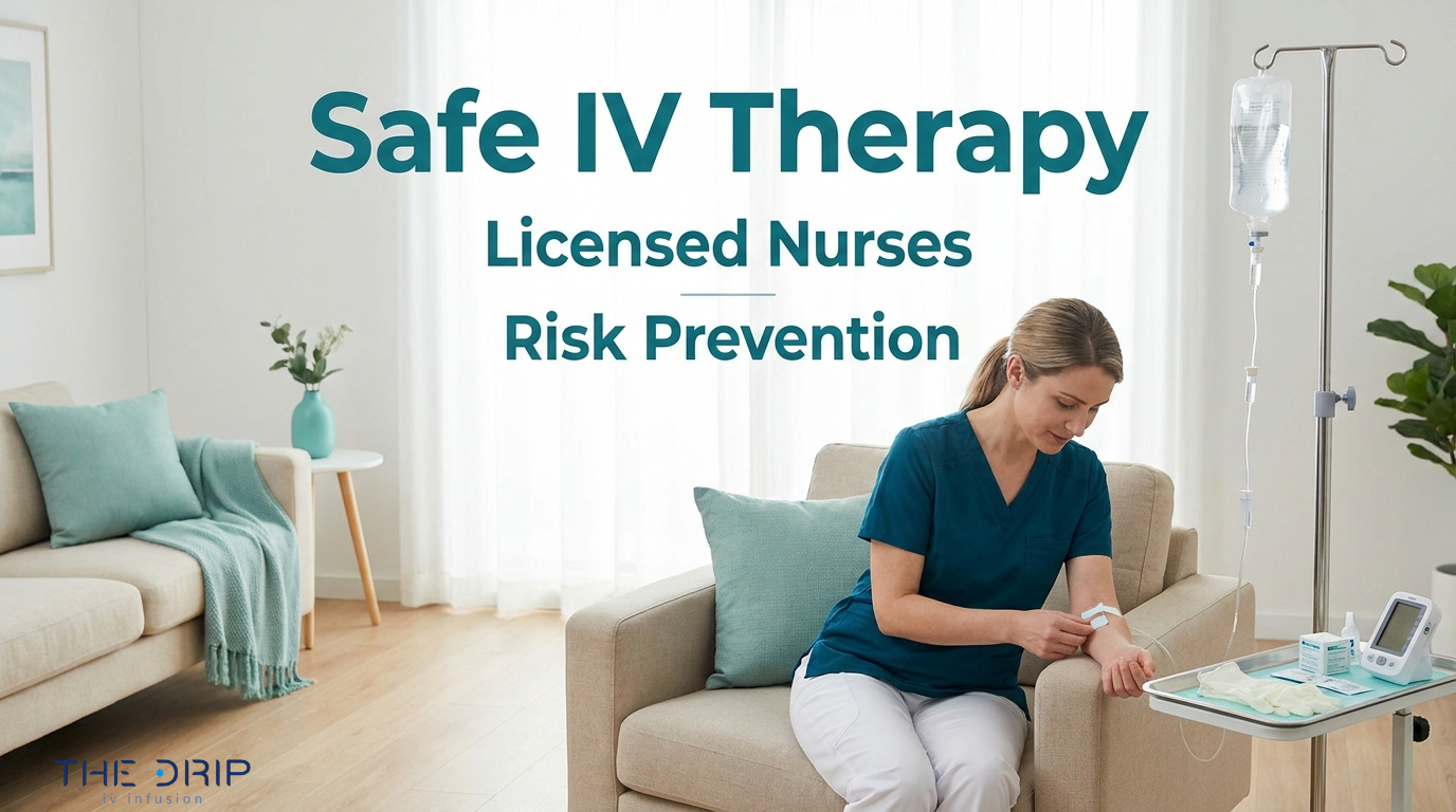 Safe IV therapy administered by licensed nurse with risk prevention protocols during at-home IV infusion treatment