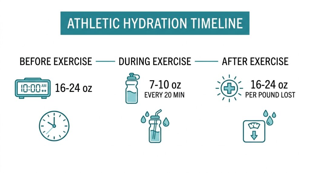 Athletic hydration timeline infographic showing recommended fluid intake before, during, and after exercise