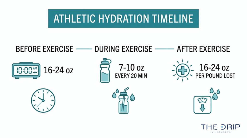 Athletic hydration timeline showing fluid intake recommendations before, during, and after exercise