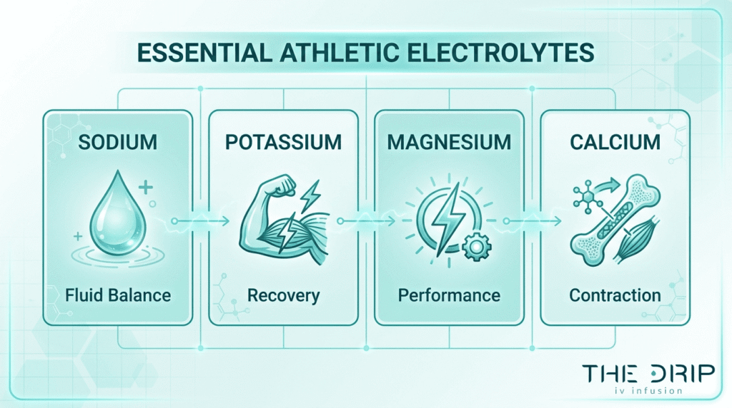 Essential athletic electrolytes guide showing sodium, potassium, magnesium, and calcium functions for hydration and recovery