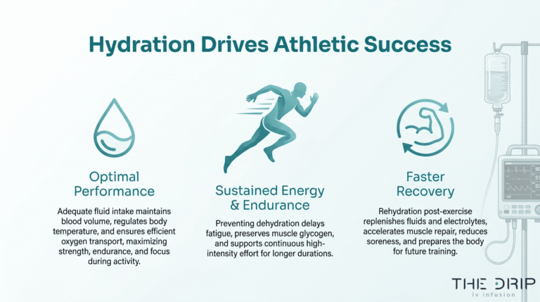 Hydration drives athletic success infographic showing optimal performance, sustained energy, endurance, and faster recovery