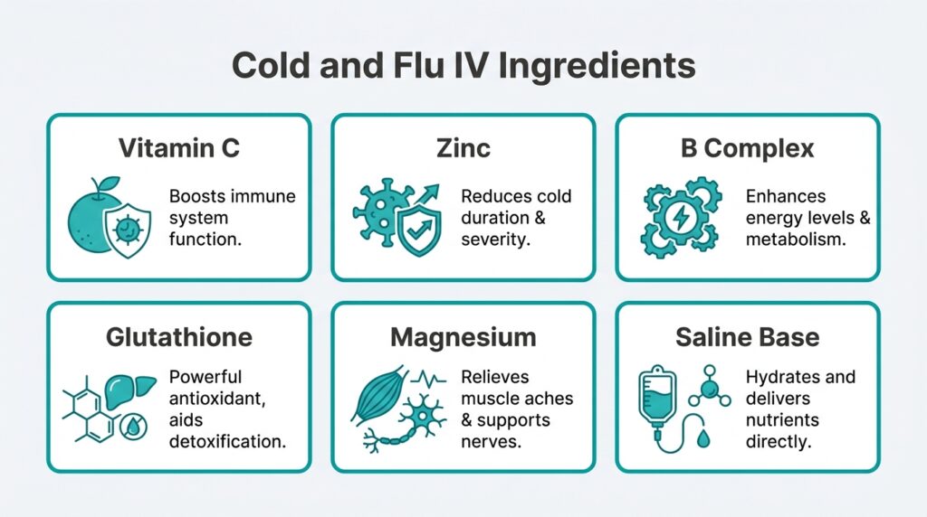 An infographic listing six Cold and Flu IV ingredients and their benefits