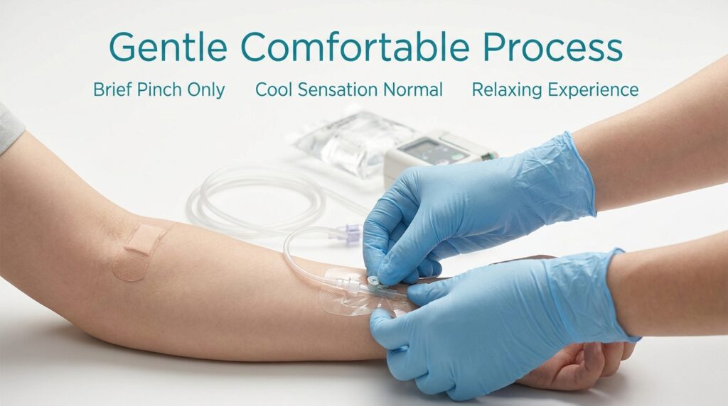 Gentle comfortable IV infusion process showing a healthcare provider placing an IV line with a brief pinch