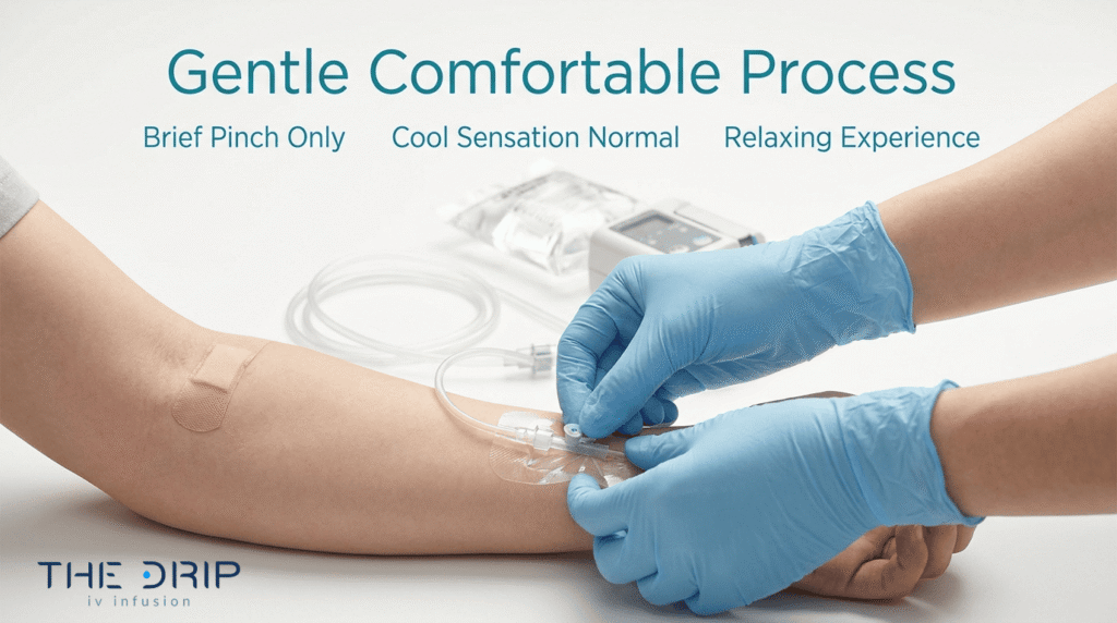 Gentle IV infusion process showing a nurse placing an IV with brief pinch, cool sensation, and relaxing treatment experience