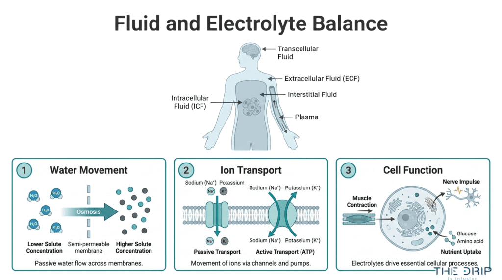 Fluid and electrolyte balance diagram showing intracellular fluid, extracellular fluid, osmosis, ion transport, and cell function