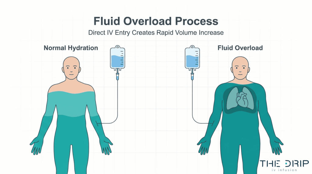 Fluid overload process diagram comparing normal hydration with excess IV fluid buildup in the body