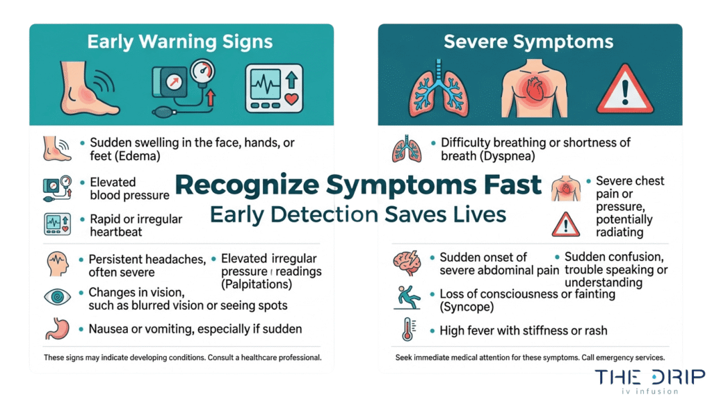 Fluid overload symptom recognition guide showing early warning signs and severe symptoms that require medical attention