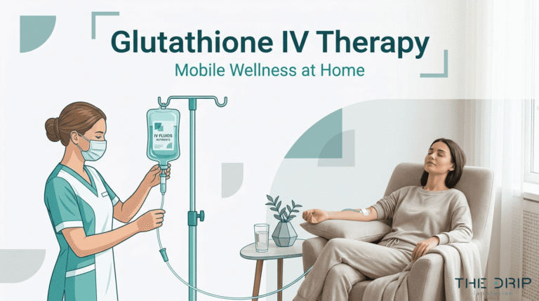 Glutathione IV therapy at home with nurse administering mobile wellness treatment to a relaxed patient