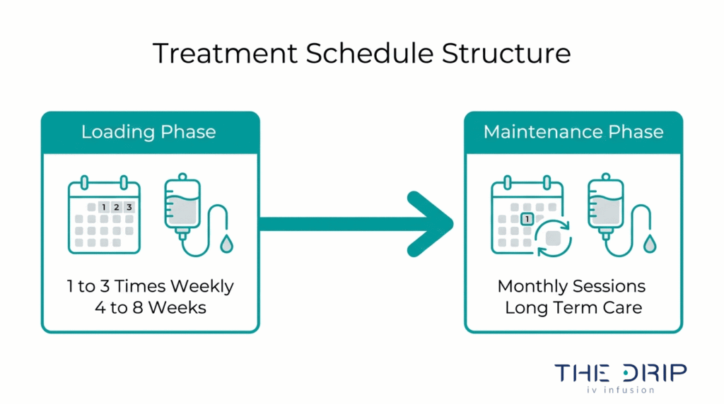Glutathione IV treatment schedule structure showing loading phase and maintenance phase session frequency