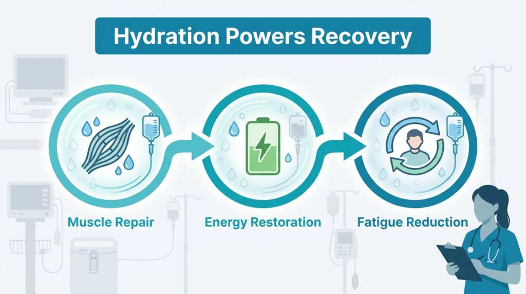 Hydration powers recovery infographic showing proper hydration support after athletic activity