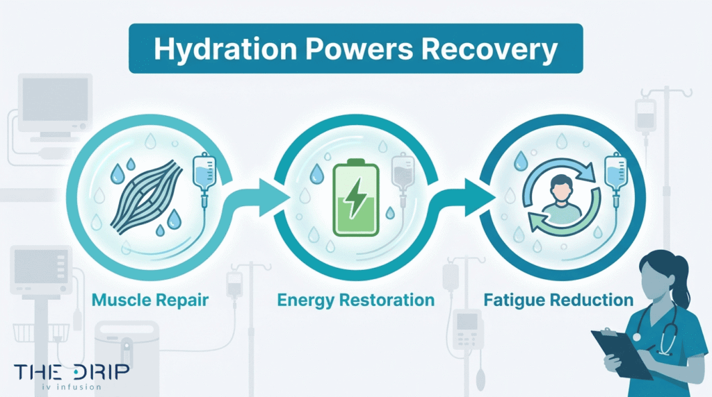 Hydration recovery process diagram showing muscle repair, energy restoration, and fatigue reduction for athletic performance