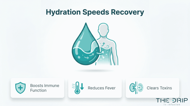 Hydration speeds illness recovery infographic showing immune support, fever reduction, and toxin clearance benefits