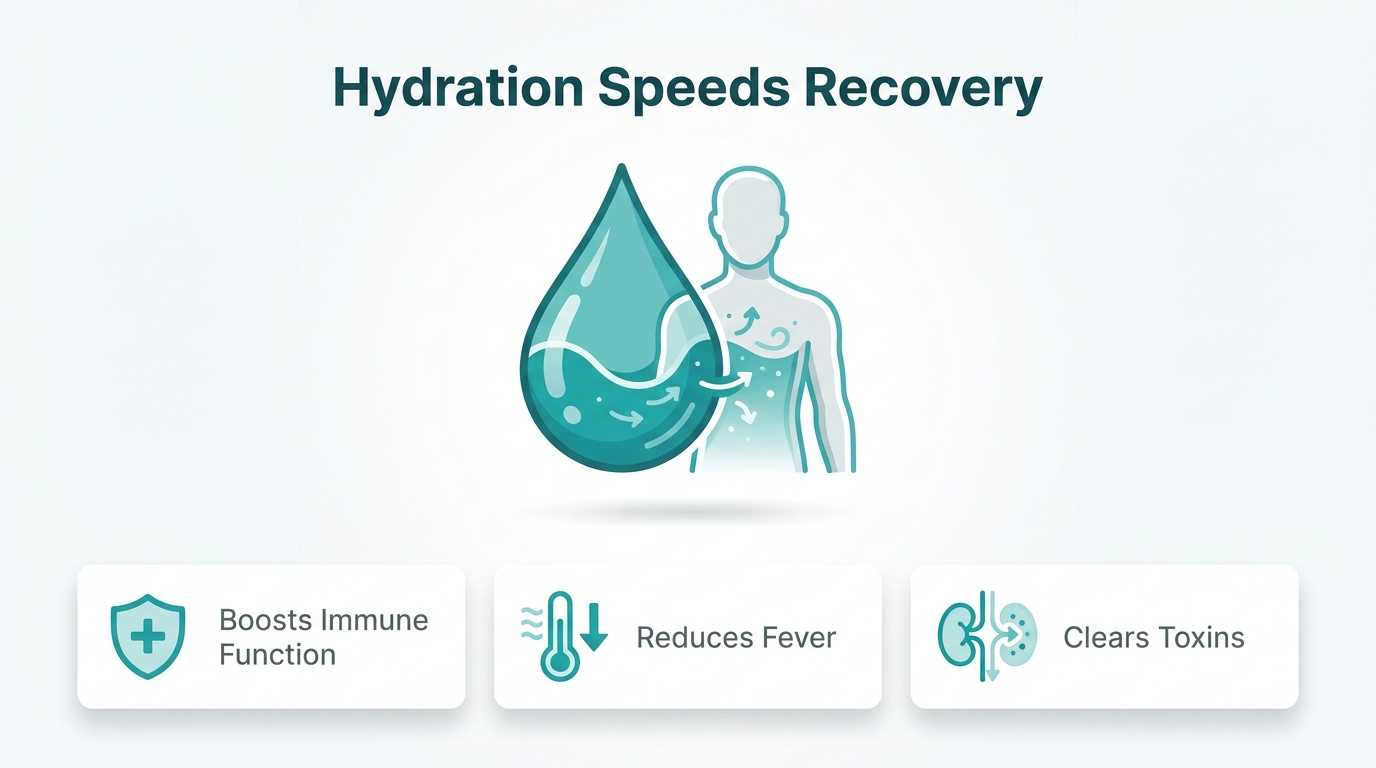 Hydration speeds recovery infographic showing how proper fluid intake supports faster illness recovery