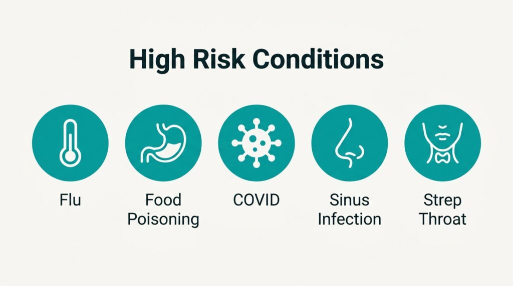 Infographic listing the illnesses that cause the greatest risk of dehydration