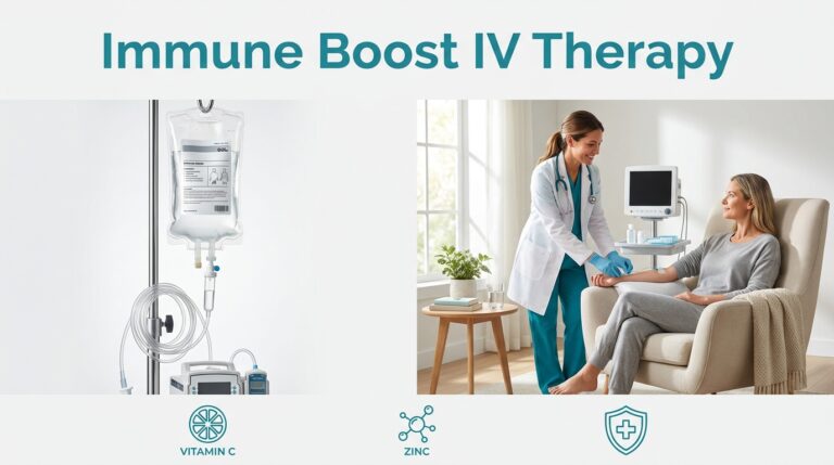 Immune Boost IV Therapy showing an IV drip setup alongside a healthcare professional administering the treatment to a relaxed woman seated in chair