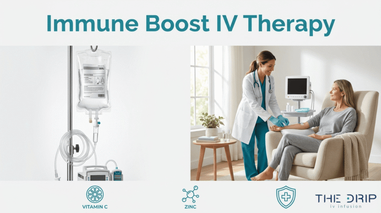 Immune boost IV therapy at home with nurse administering treatment and IV bag setup