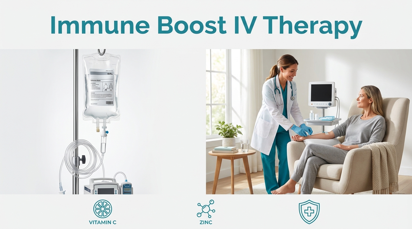 Immune Boost IV Therapy showing an IV drip setup alongside a healthcare professional administering the treatment to a relaxed woman seated in chair