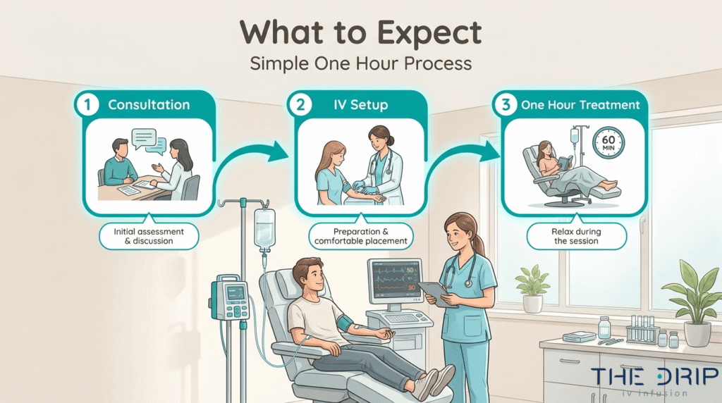 Immune booster IV therapy process showing consultation, IV setup, and one-hour treatment steps